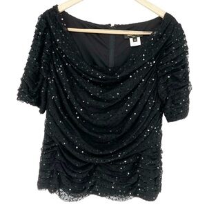 Tadashi‎ Shoji Too Black Sequined Gathered Black Tie Formal Top 2X